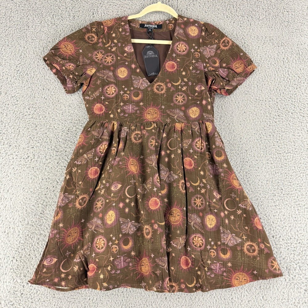 Disturbia Rhea Mini Smock Dress Womens 8 Brown Moth Moon Celestial Celestial